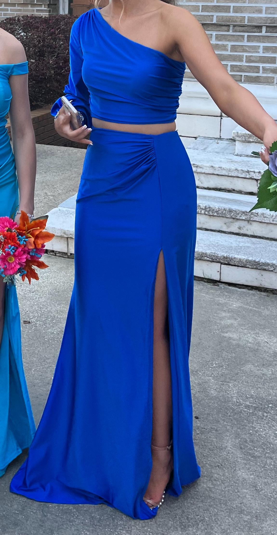 Sherri Hill Size 4 Prom One Shoulder Satin Blue Side Slit Dress on Queenly