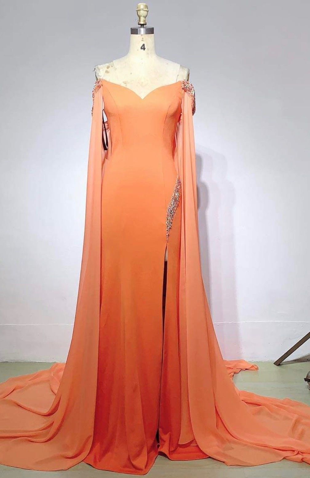 Size 0 Prom Off The Shoulder Sequined Orange Side Slit Dress on Queenly