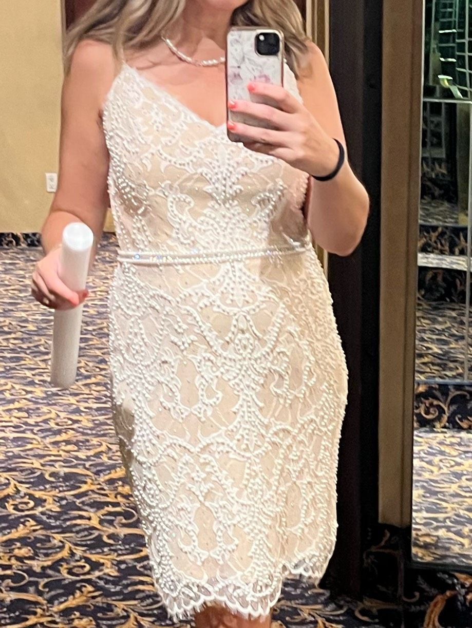 Jovani Size 14 Wedding Plunge Lace White Cocktail Dress on Queenly