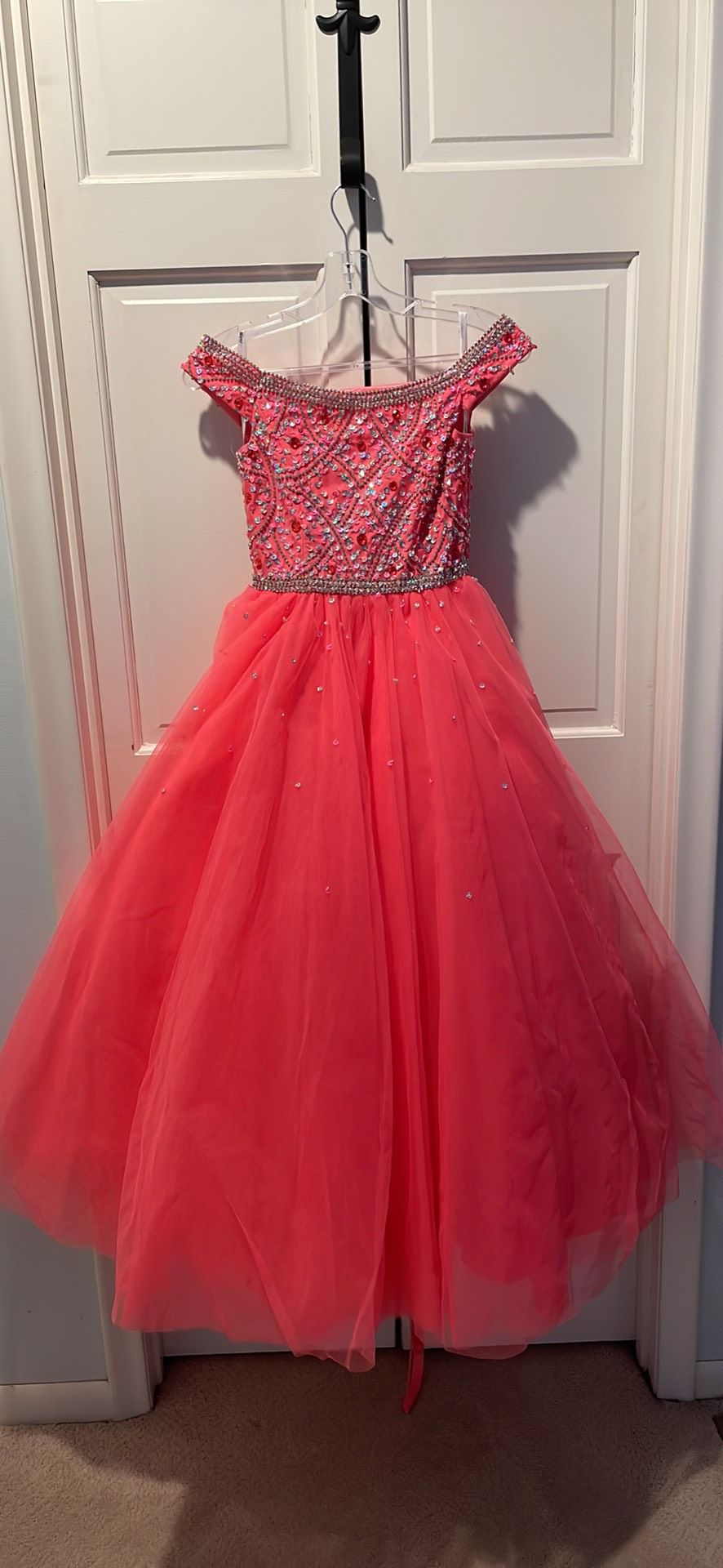 Tiffany Designs Girls Size 6 Pageant Off The Shoulder Coral Ball Gown on Queenly