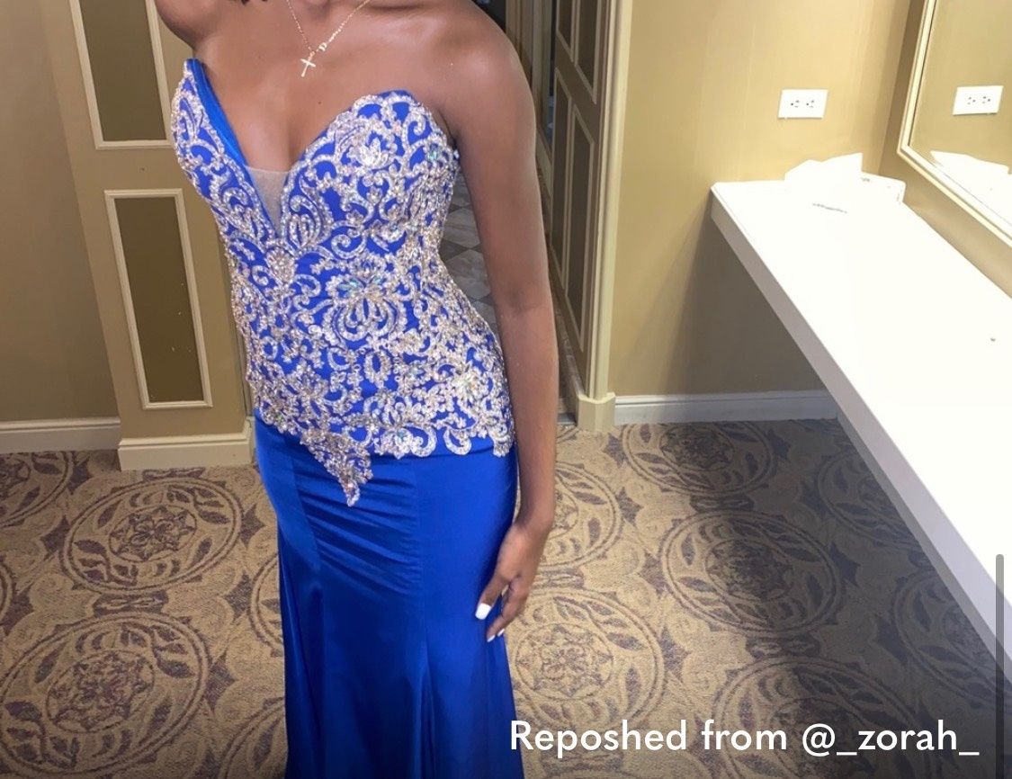Jovani Size 4 Prom Strapless Sequined Royal Blue Dress With Train on Queenly