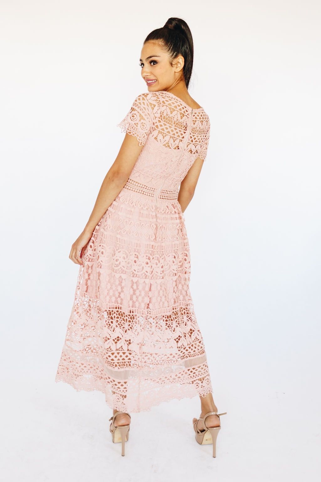 Style JMD7133-1 AURORA Just Me Size 4 Homecoming Cap Sleeve Lace Light Pink Cocktail Dress on Queenly