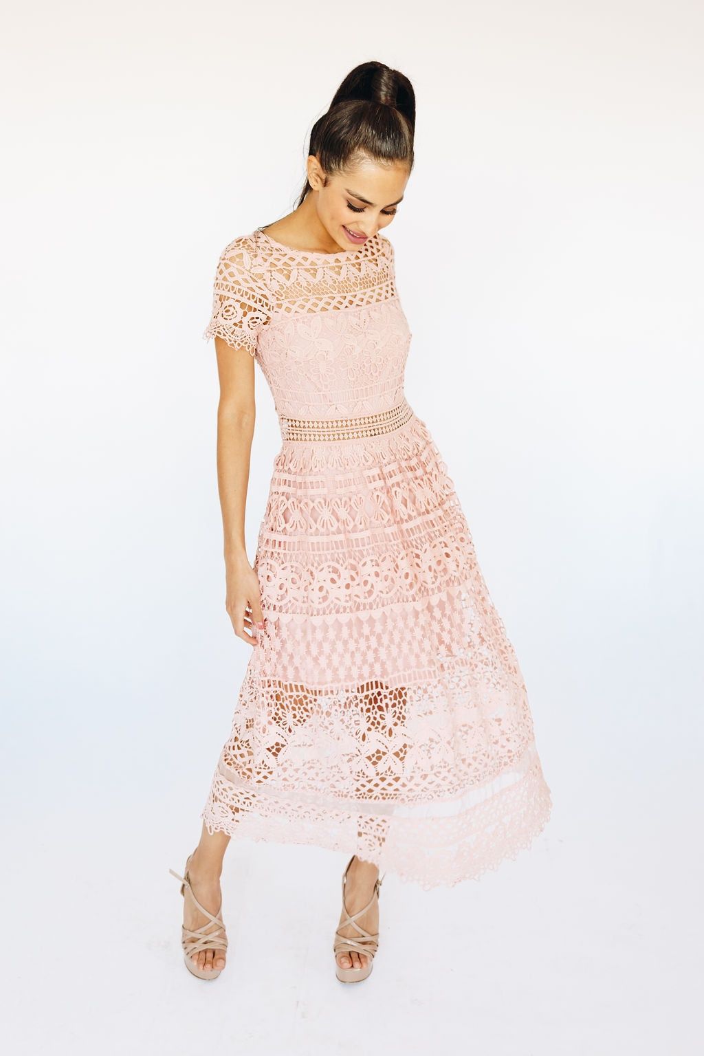 Style JMD7133-1 AURORA Just Me Size 4 Homecoming Cap Sleeve Lace Light Pink Cocktail Dress on Queenly