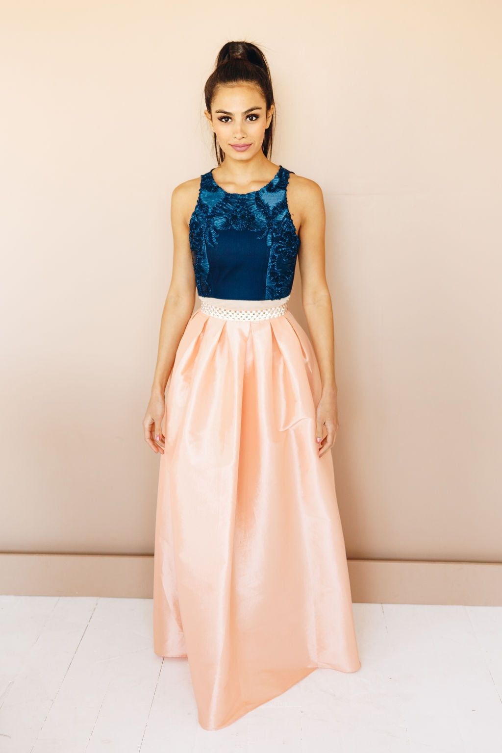 Style D16208-1 ABBIE Soieblu Size 4 Wedding Guest Satin Navy Pink A-line Dress on Queenly