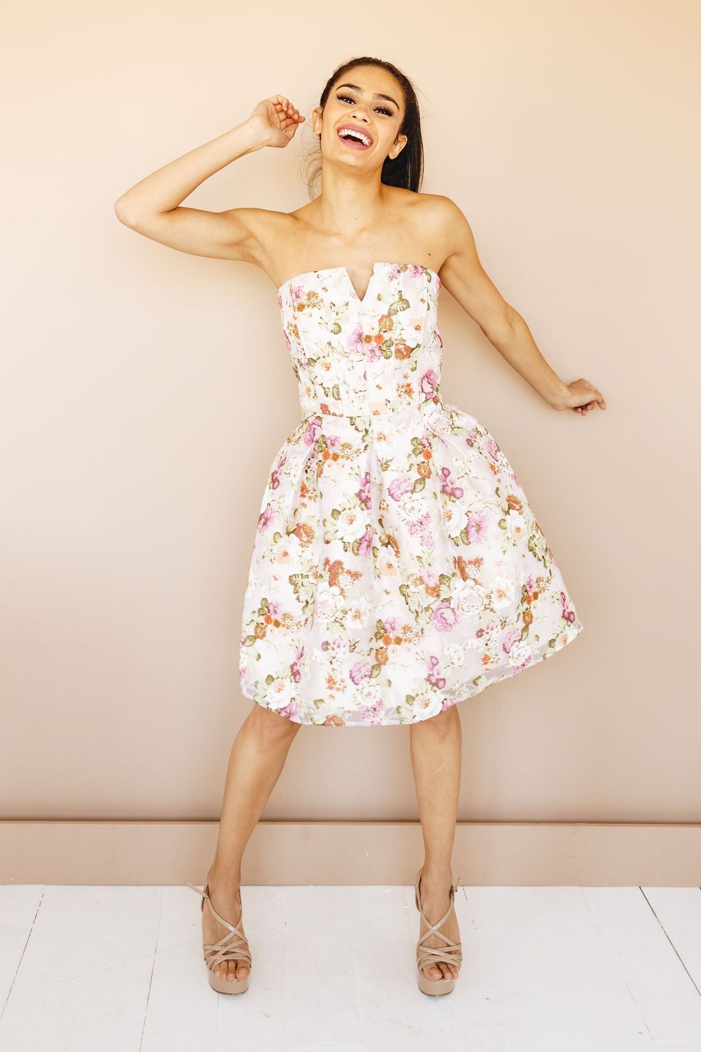 Style 8651 Minuet Size 10 Homecoming Strapless Floral Pink Cocktail Dress on Queenly