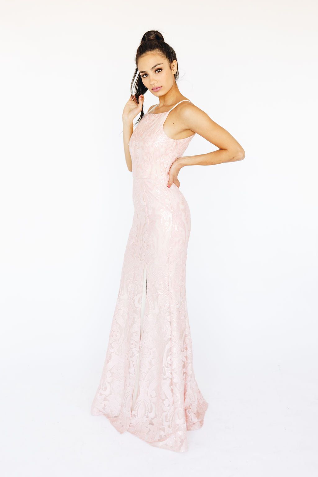 Style 8431-1 Minuet Size 4 Bridesmaid Lace Light Pink Side Slit Dress on Queenly
