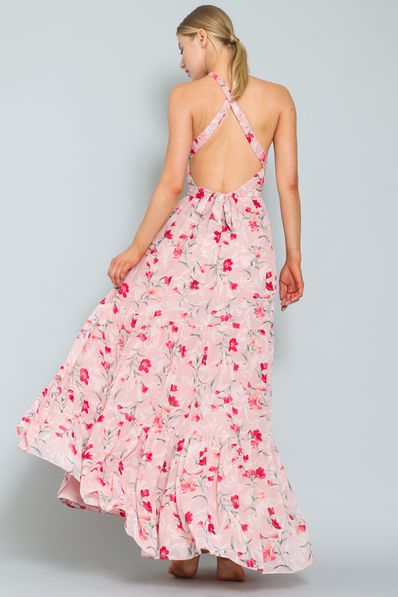 Style DA25443Y-3 Aakaa Size 6 Wedding Guest Halter Floral Light Pink Floor Length Maxi on Queenly