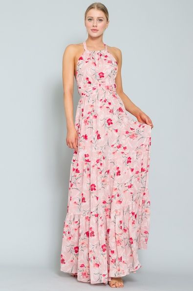 Style DA25443Y-3 Aakaa Size 4 Prom Halter Floral Light Pink Floor Length Maxi on Queenly