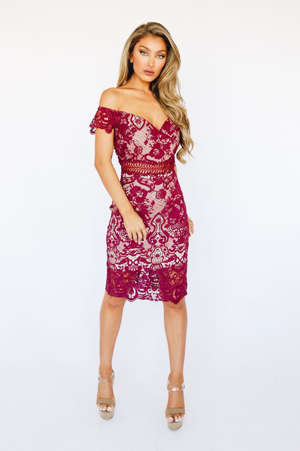 Style D16609-3 Soieblu Size 6 Off The Shoulder Lace Burgundy Red Cocktail Dress on Queenly