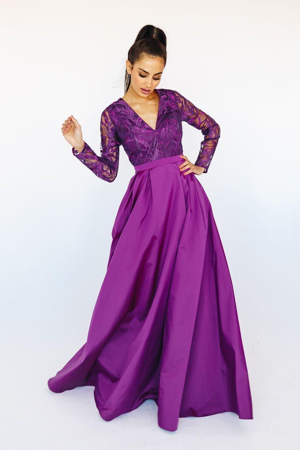 Style VL1665 DIONNE Mia Paluzzi Size 10 Pageant Long Sleeve Lace Purple A-line Dress on Queenly
