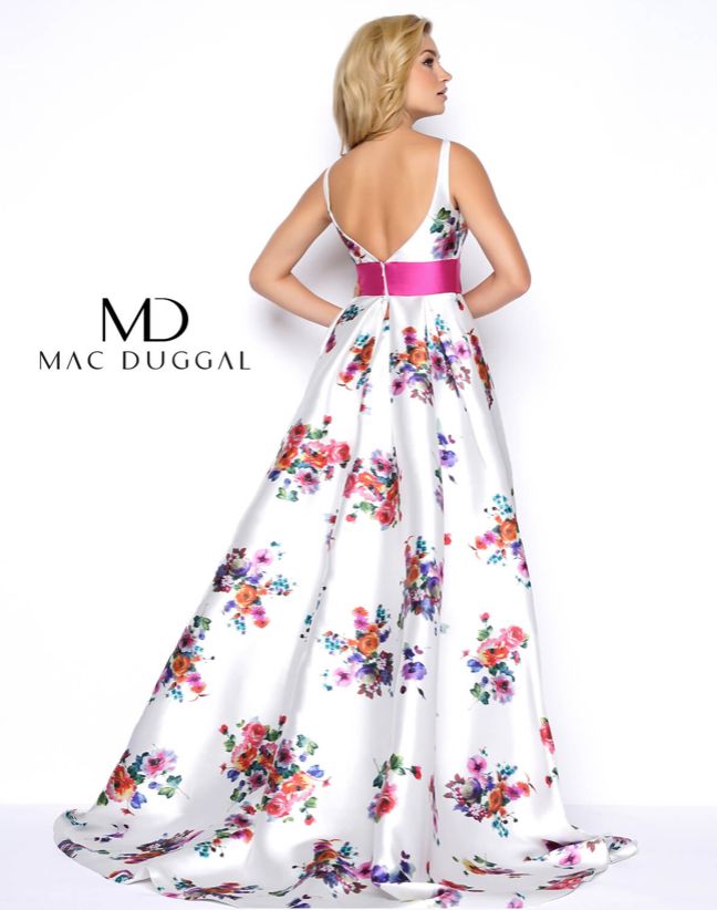 Style 79100 Mac Duggal Size 6 Prom Plunge Floral White A-line Dress on Queenly