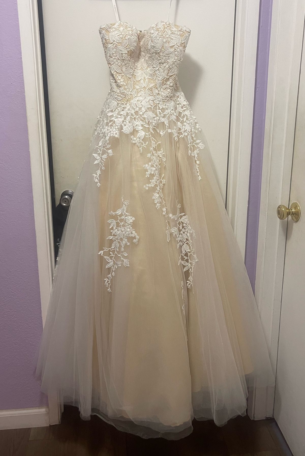 Size 2 Prom Strapless Lace Nude Ball Gown on Queenly