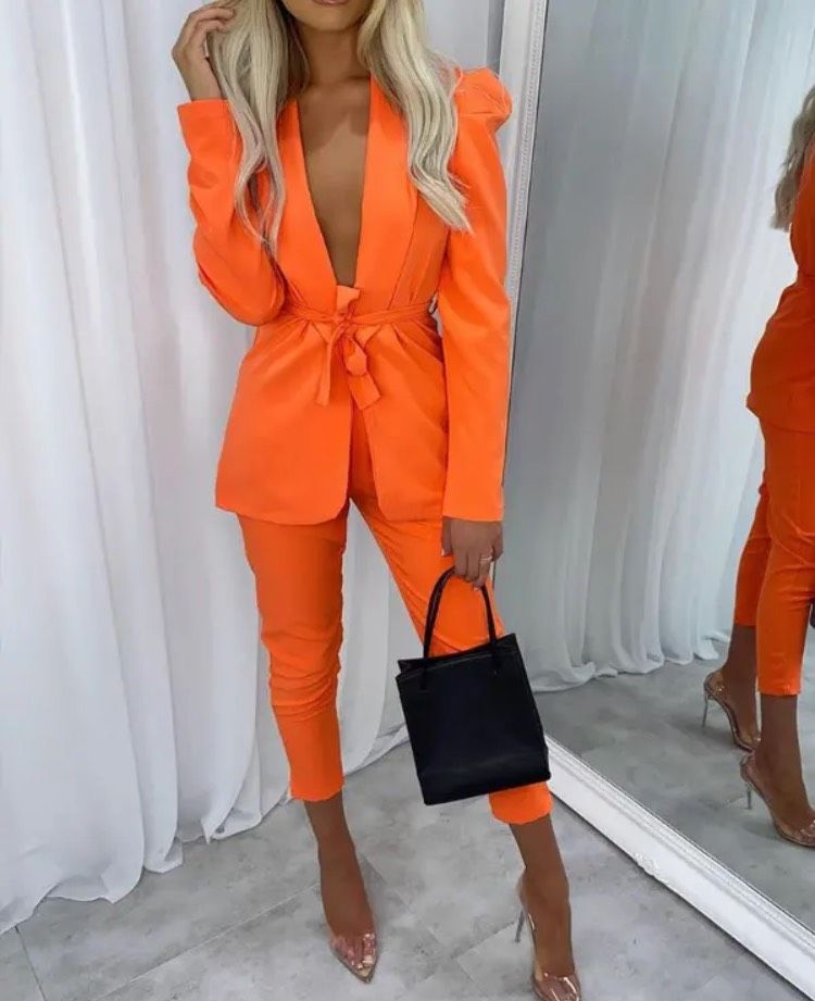 Size 6 Pageant Blazer Orange Formal Jumpsuit on Queenly
