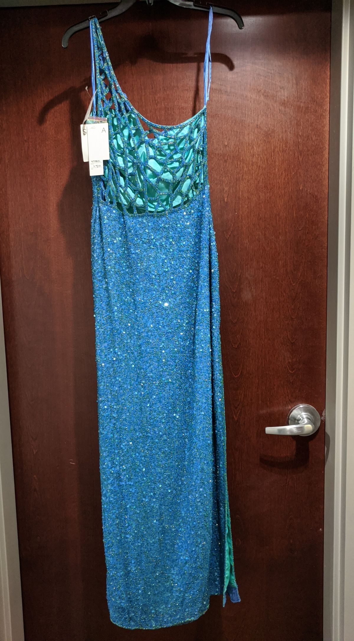 Style 47985L Scala Size 10 Sequined Blue Side Slit Dress on Queenly