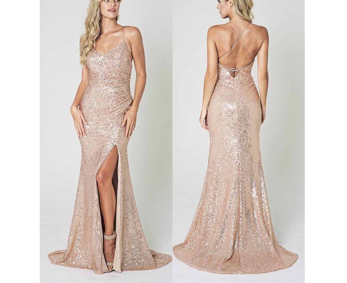 Style  Rose Gold Sleeveless Sequin Ruched Side Slit Formal Gown Amelia Couture Plus Size 16 Prom Gold Mermaid Dress on Queenly