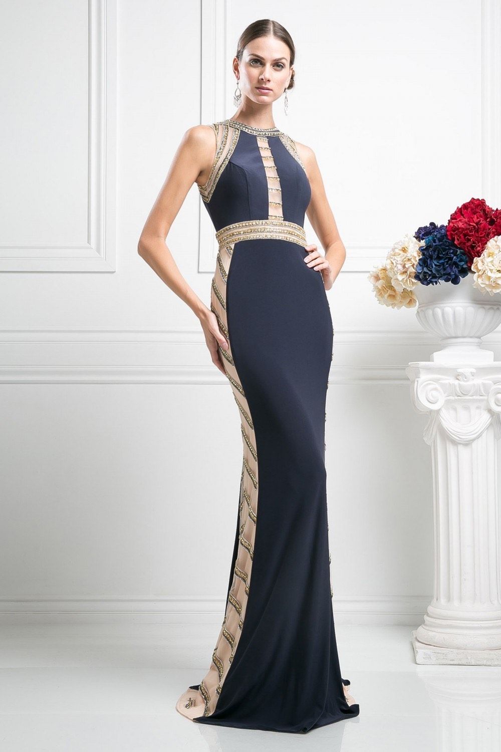 Size 4 Navy Gold Floor Length Maxi on Queenly