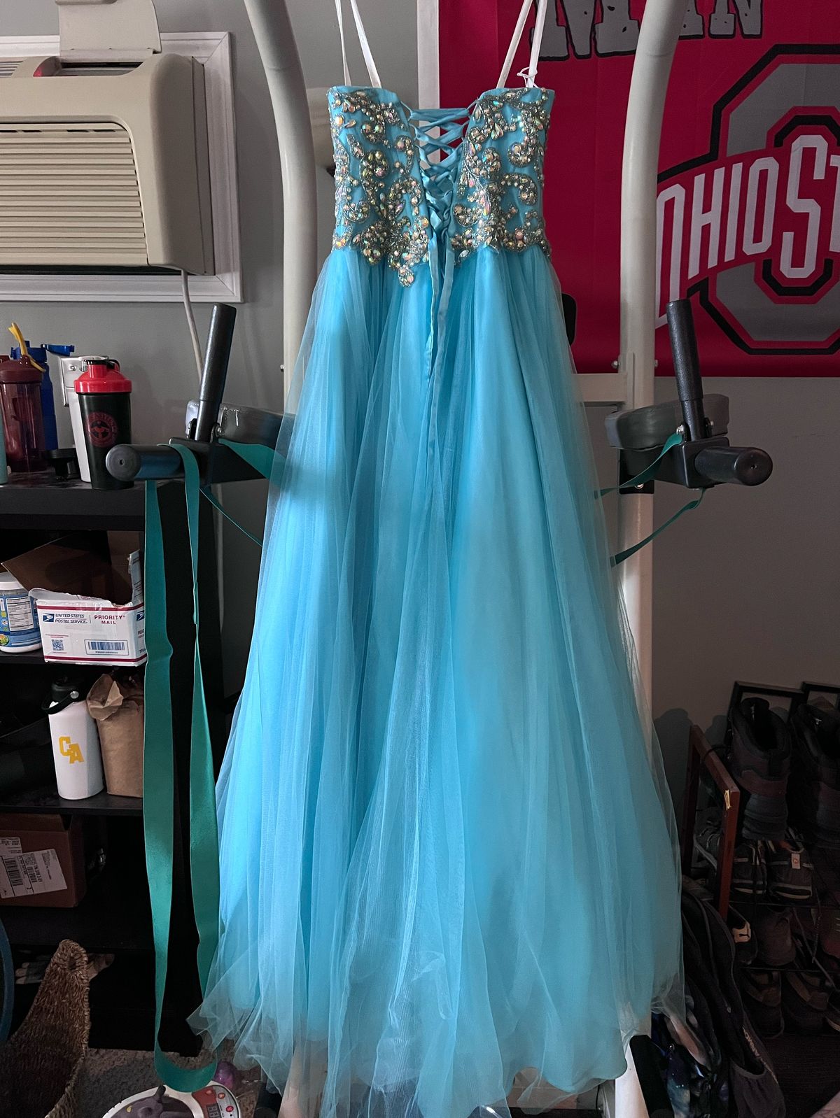 Size 4 Strapless Sequined Blue Ball Gown on Queenly