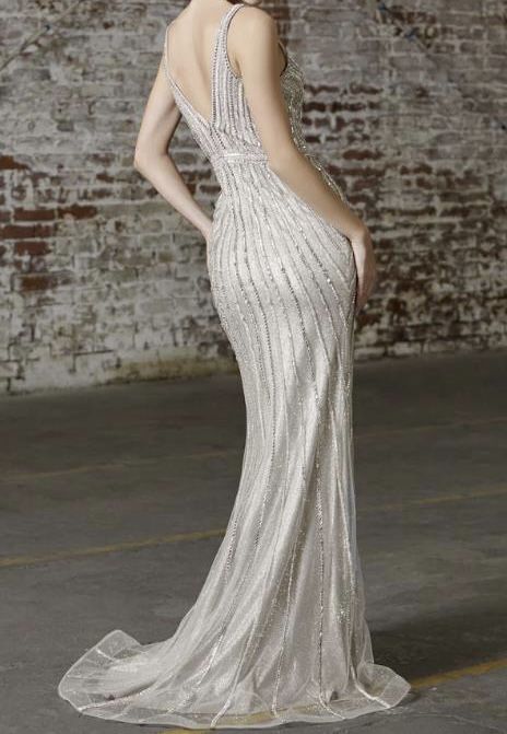 Cinderella Divine Size 12 Plunge Sheer Silver A-line Dress on Queenly