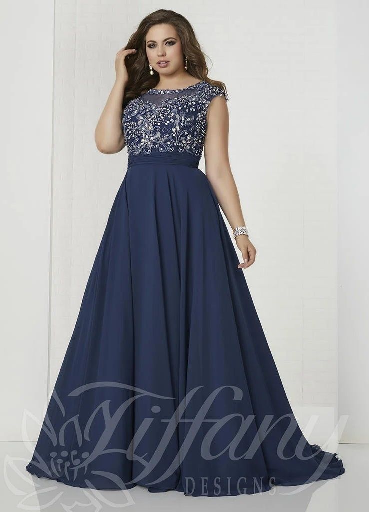 Style 16319 Tiffany Designs Plus Size 22 Prom Lace Navy Blue A-line Dress on Queenly