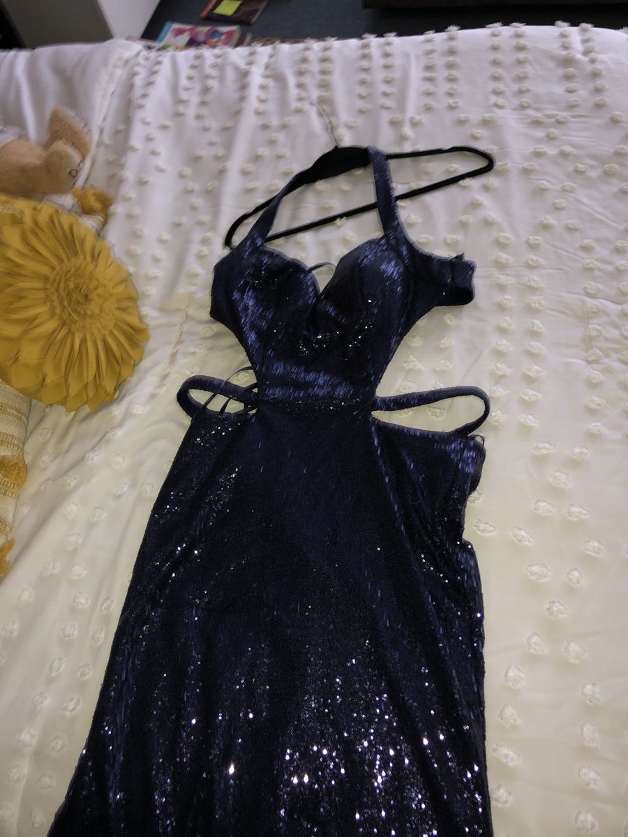 Mon Cheri Size 10 Halter Navy Blue Ball Gown on Queenly