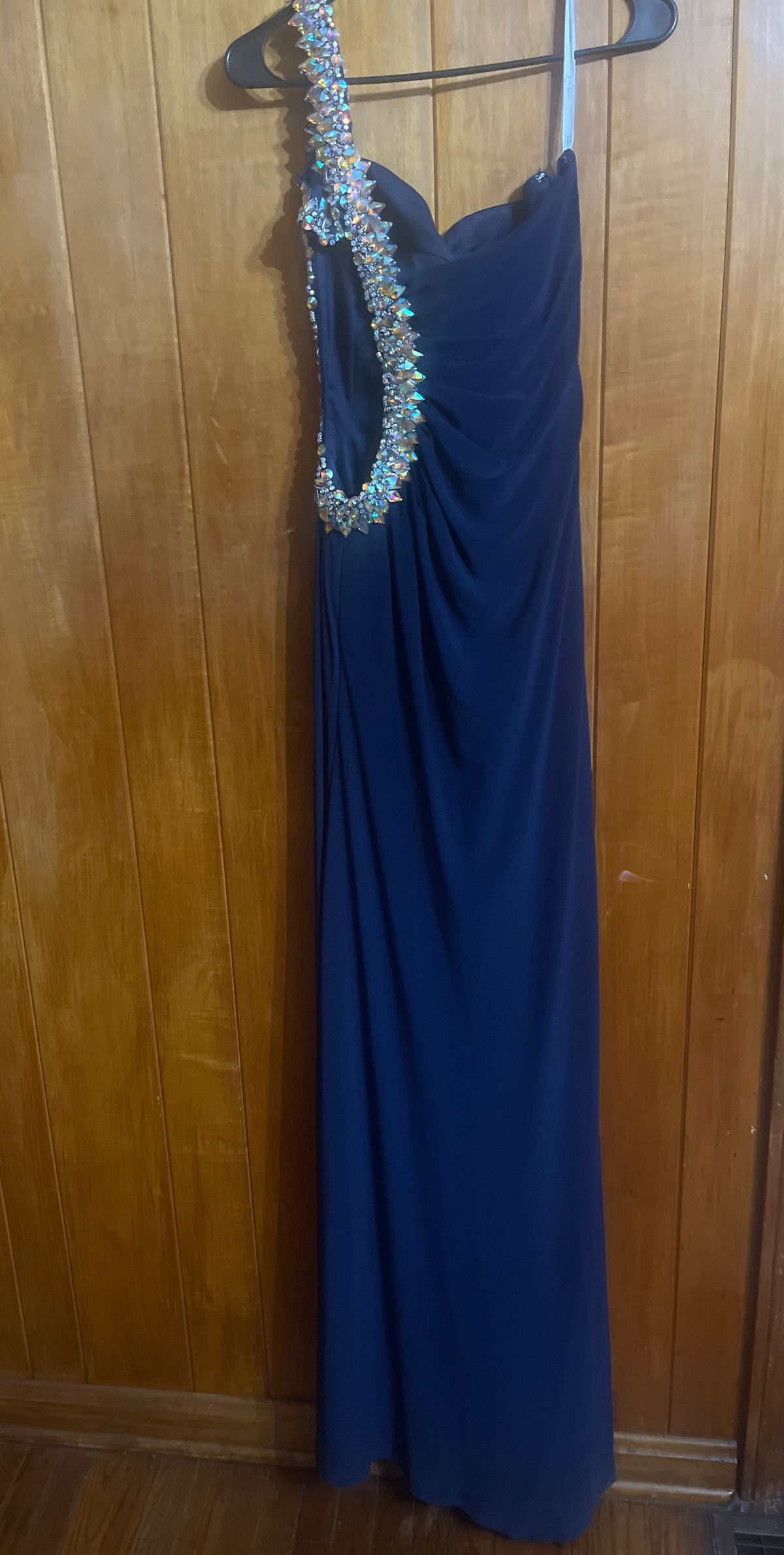 Jovani Size 4 Prom One Shoulder Sequined Navy Blue Floor Length Maxi on Queenly