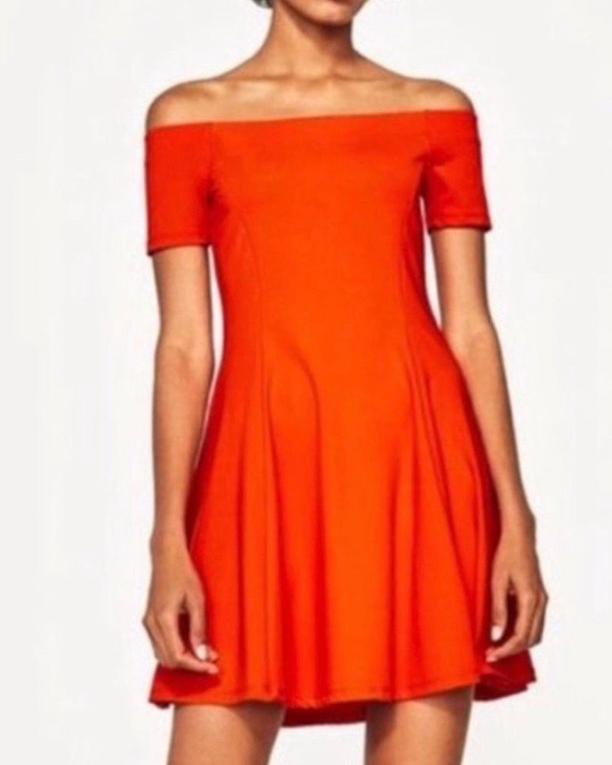 Zara Size 4 Off The Shoulder Orange Cocktail Dress on Queenly