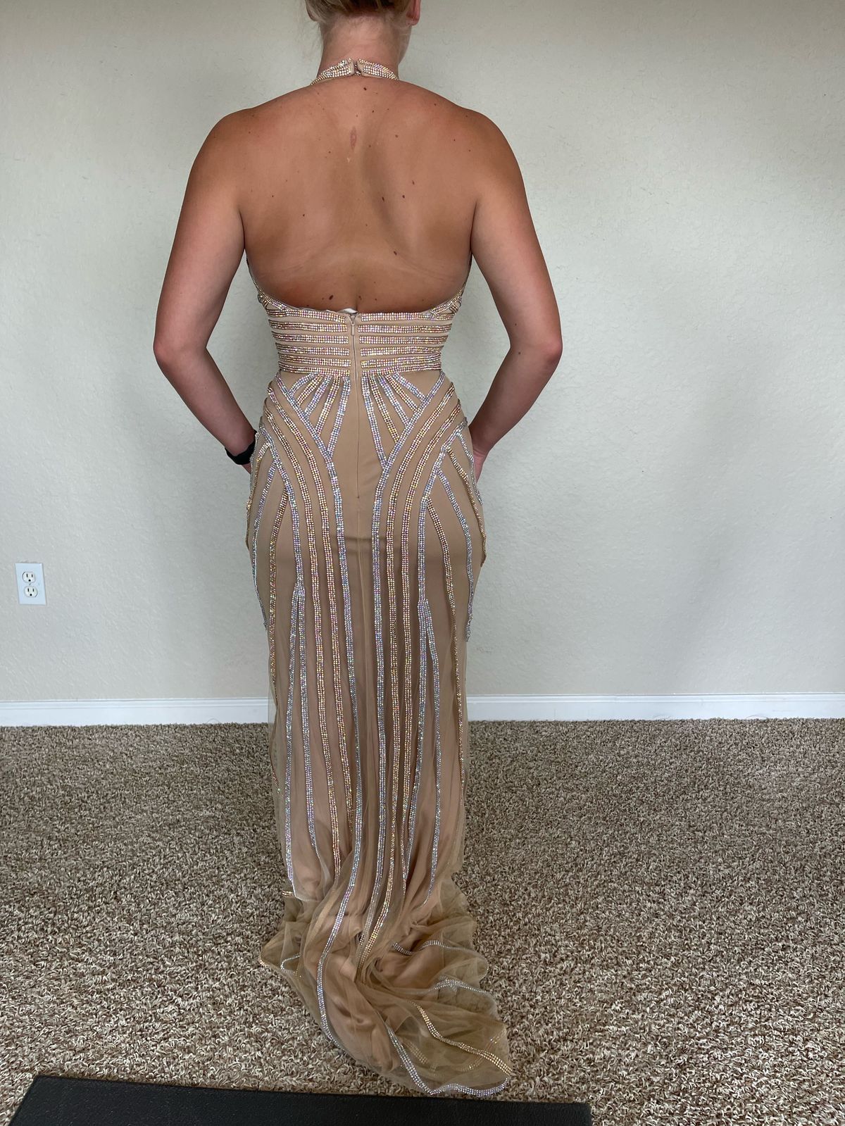 Size 4 Prom Halter Sequined Nude Floor Length Maxi on Queenly