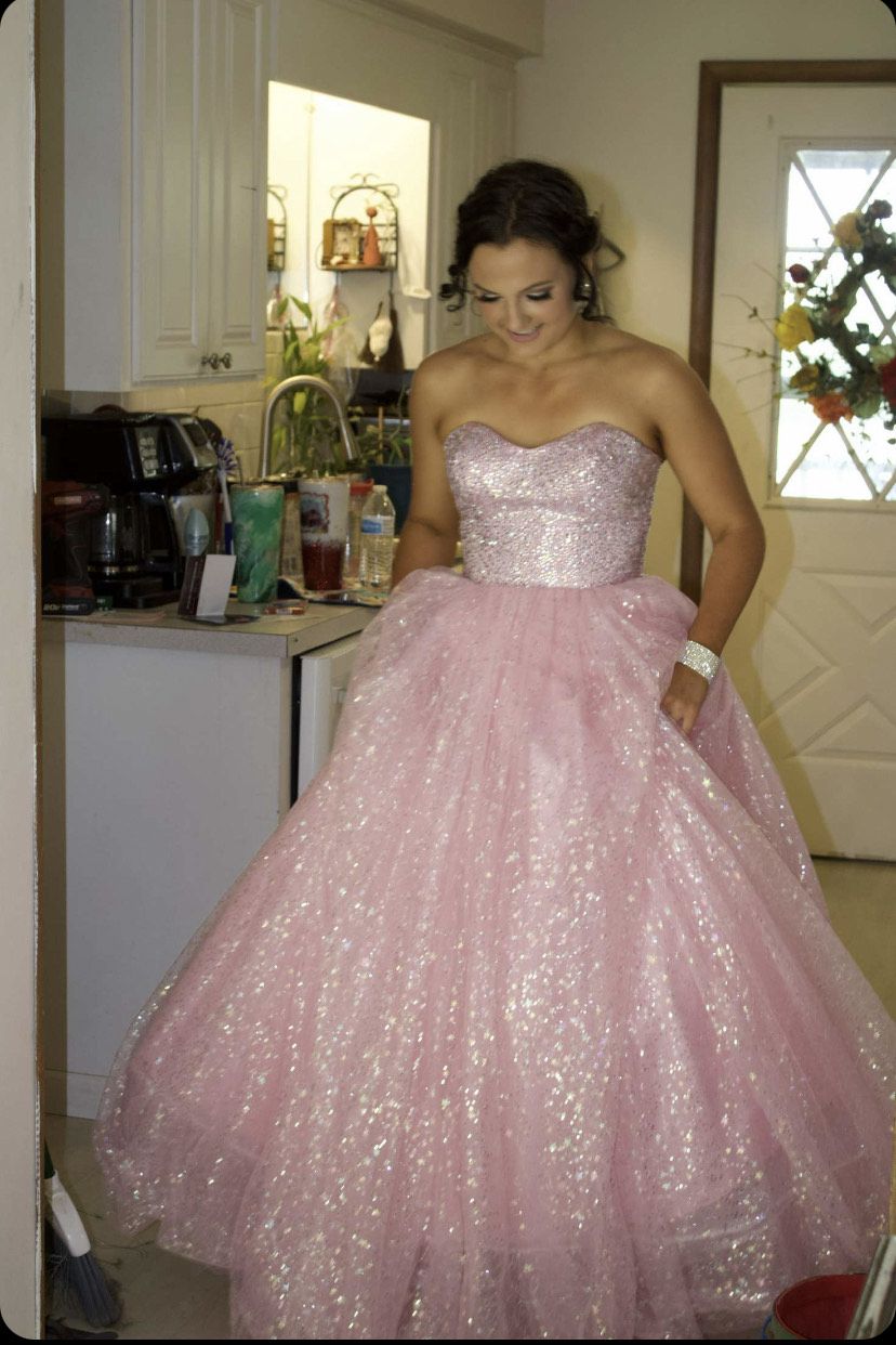 Size 4 Prom Strapless Sequined Light Pink Ball Gown on Queenly