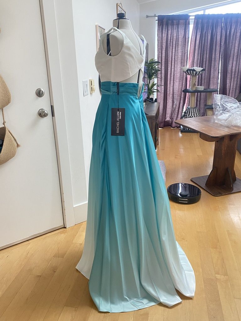 Style 6552 Rachel Allan Prima Donna  Size 6 Prom Plunge Satin Turquoise Multicolor A-line Dress on Queenly