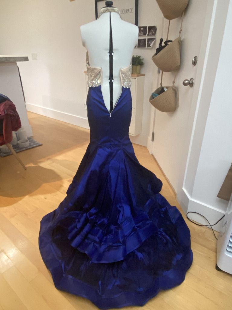 Style 3040RB Val Stefani Size 4 Prom Halter Sequined Navy Blue Mermaid Dress on Queenly