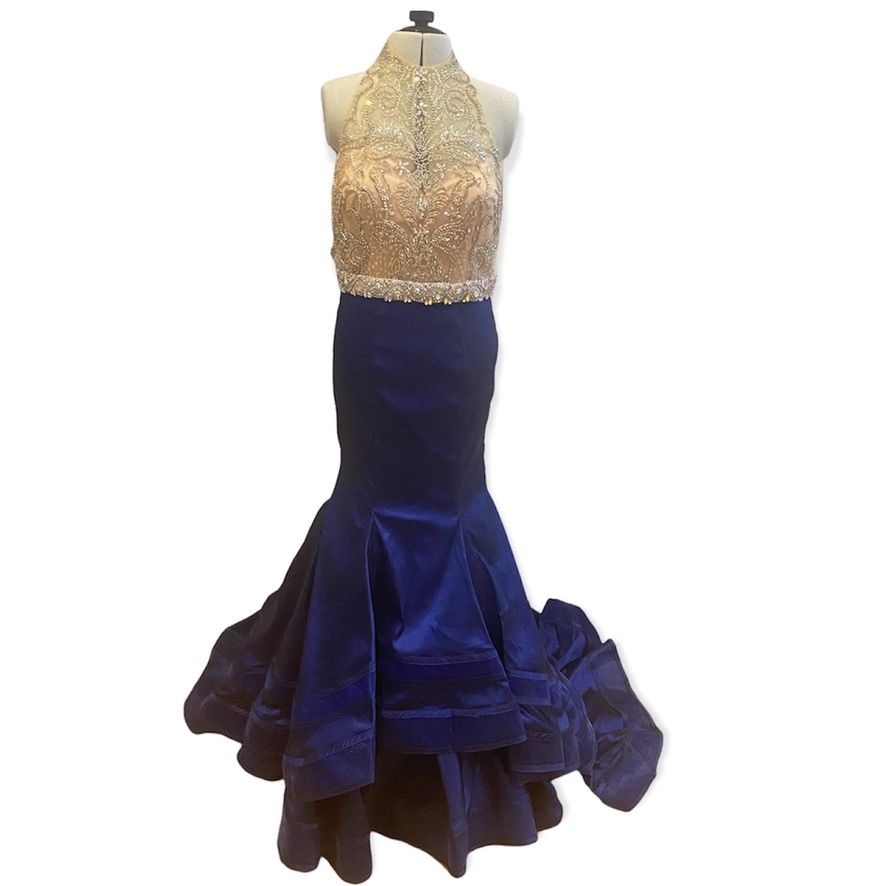 Style 3040RB Val Stefani Size 4 Prom Halter Sequined Navy Blue Mermaid Dress on Queenly