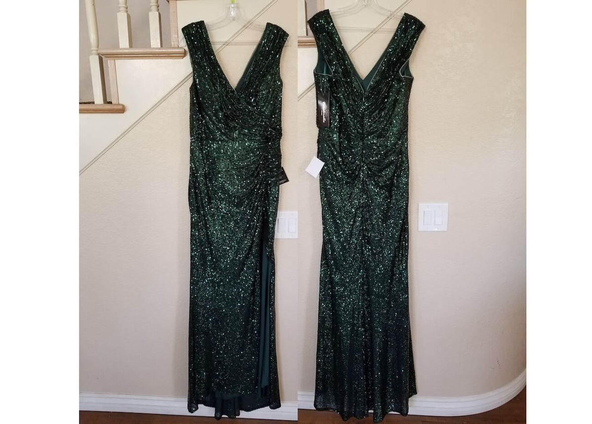 Style Emerald Green Sequined V-Neck Formal Ball Gown Cinderella Divine Size 10 Green Side Slit Dress on Queenly