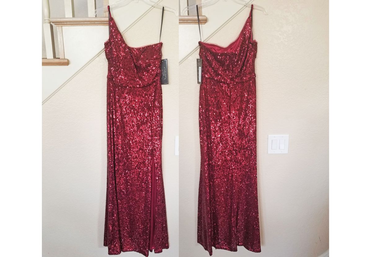 Style Burgundy One Shoulder Sequined Sheath Gown EVA Size 8 One Shoulder Red Side Slit Dress on Queenly