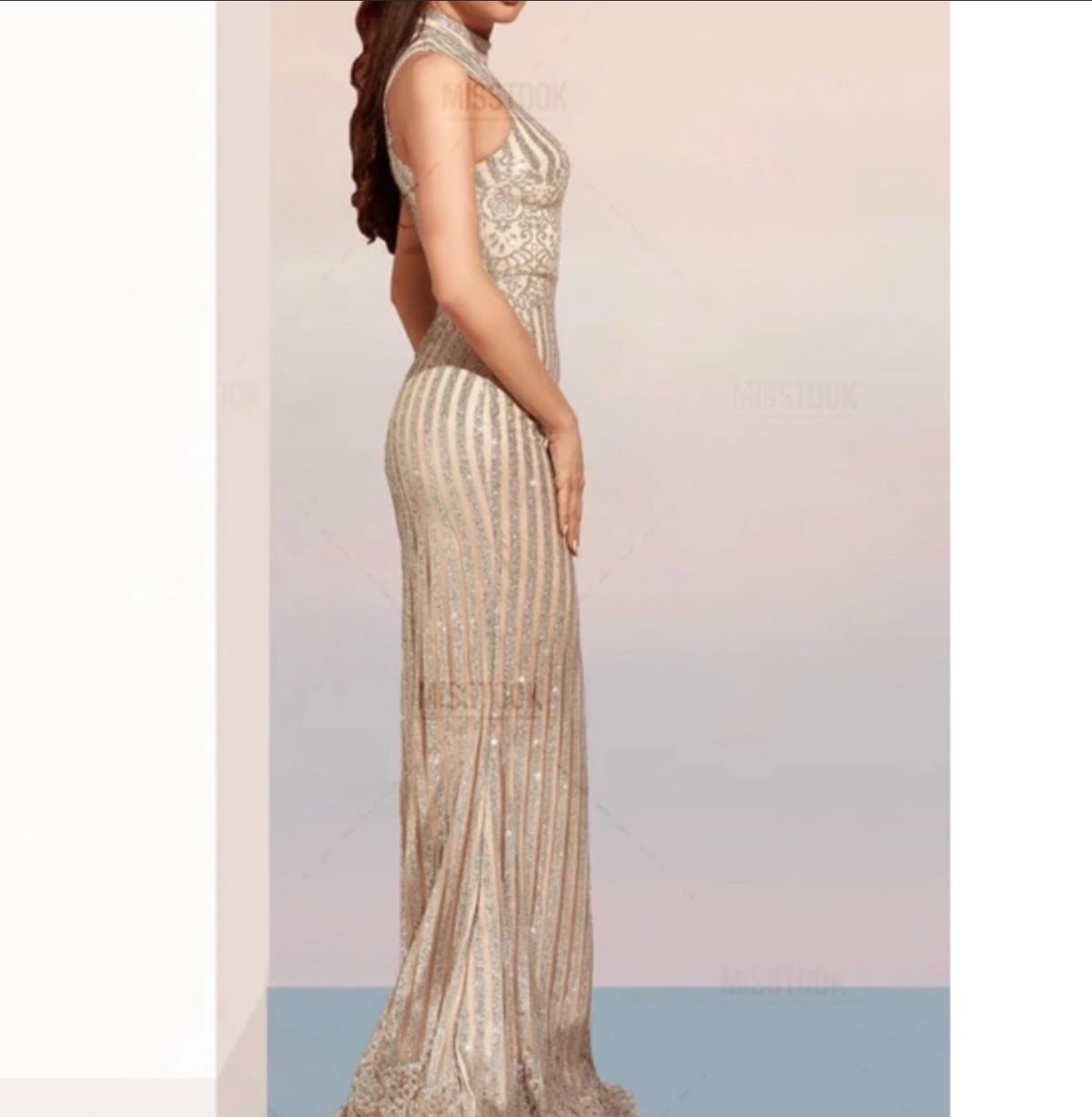 Size 0 Prom Sequined Nude Floor Length Maxi on Queenly