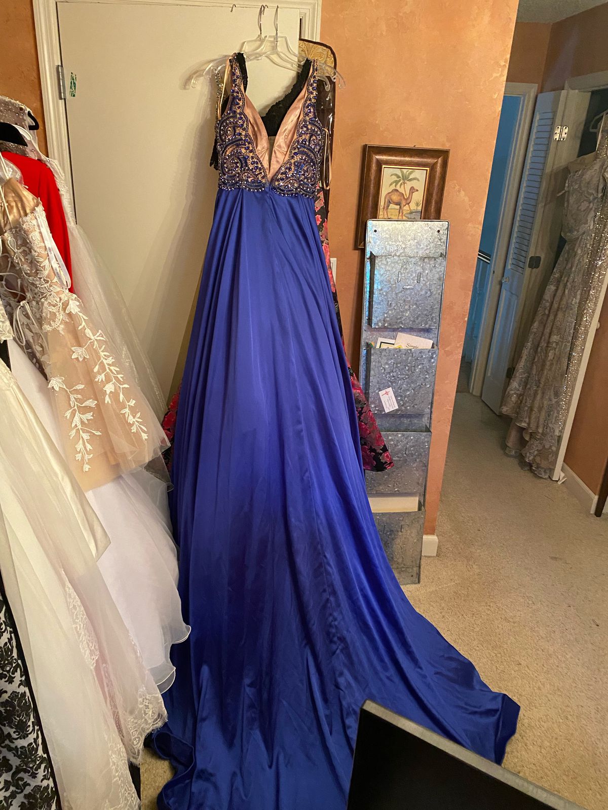 Size 10 Plunge Satin Blue Dress With Train on Queenly