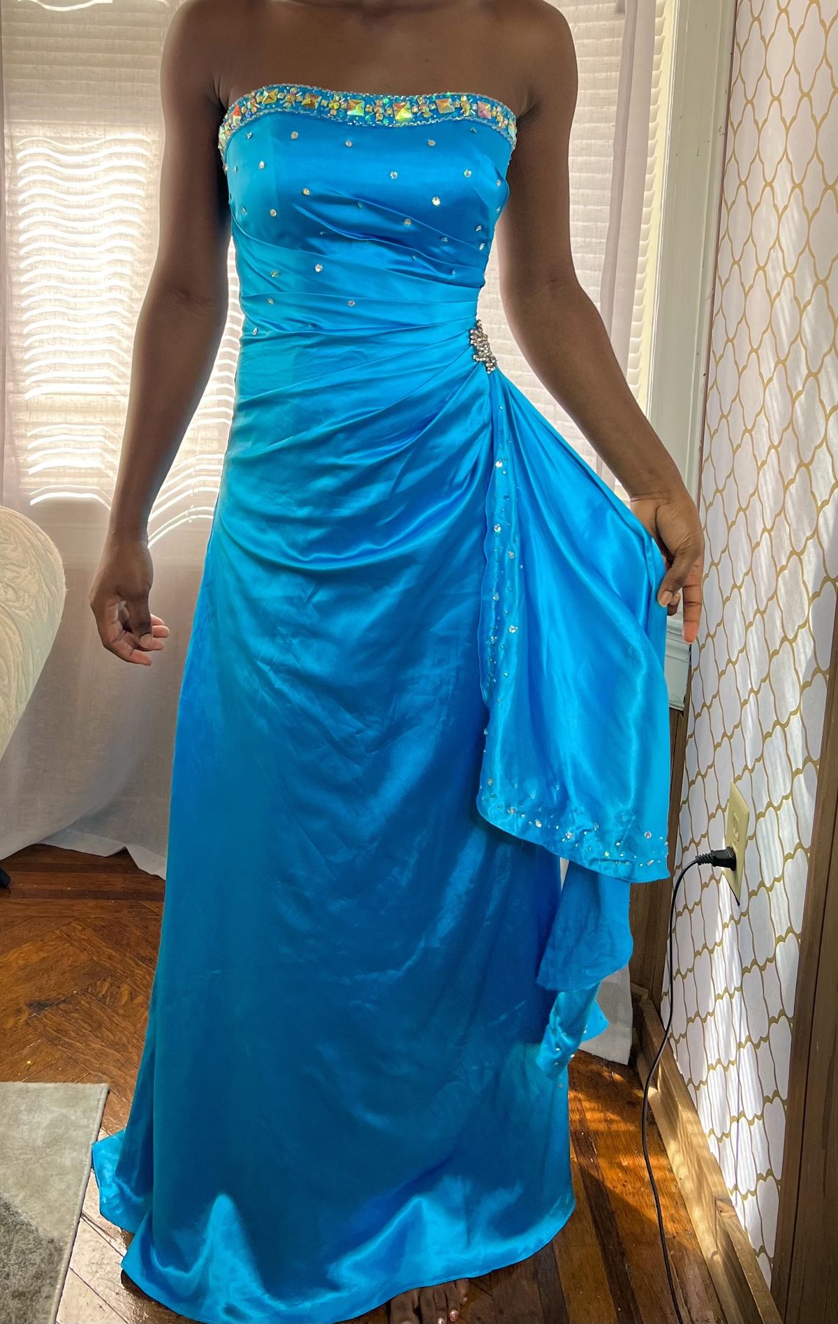 Size 2 Satin Blue Floor Length Maxi on Queenly