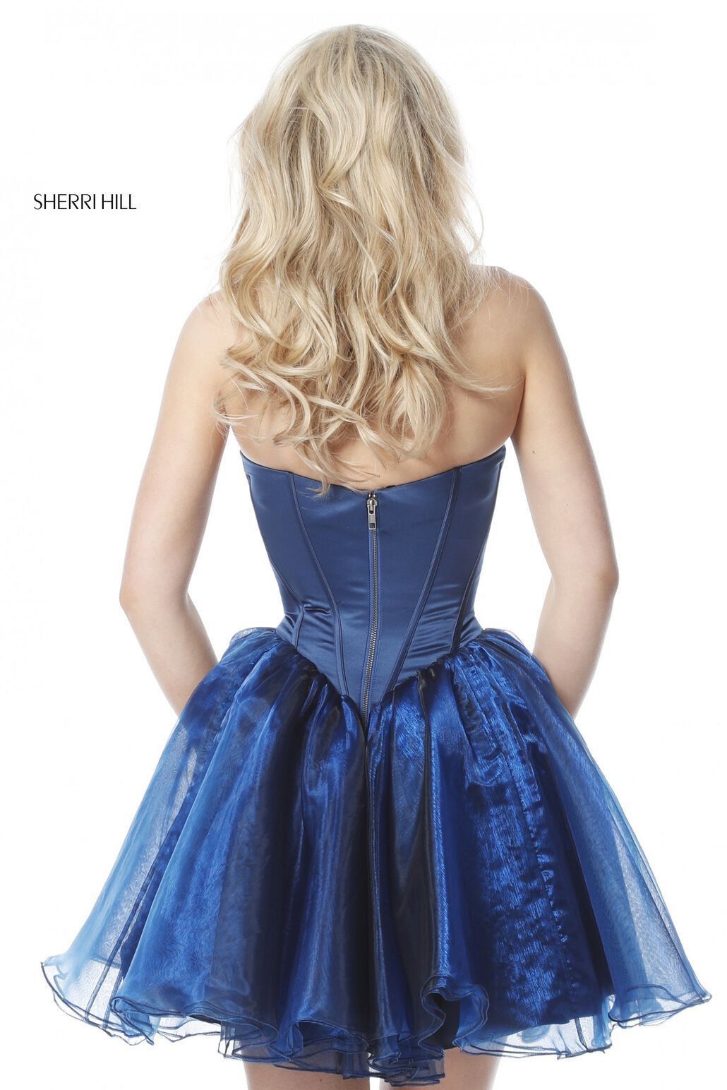 Sherri Hill Size 0 Bridesmaid Strapless Satin Navy Blue Cocktail Dress on Queenly