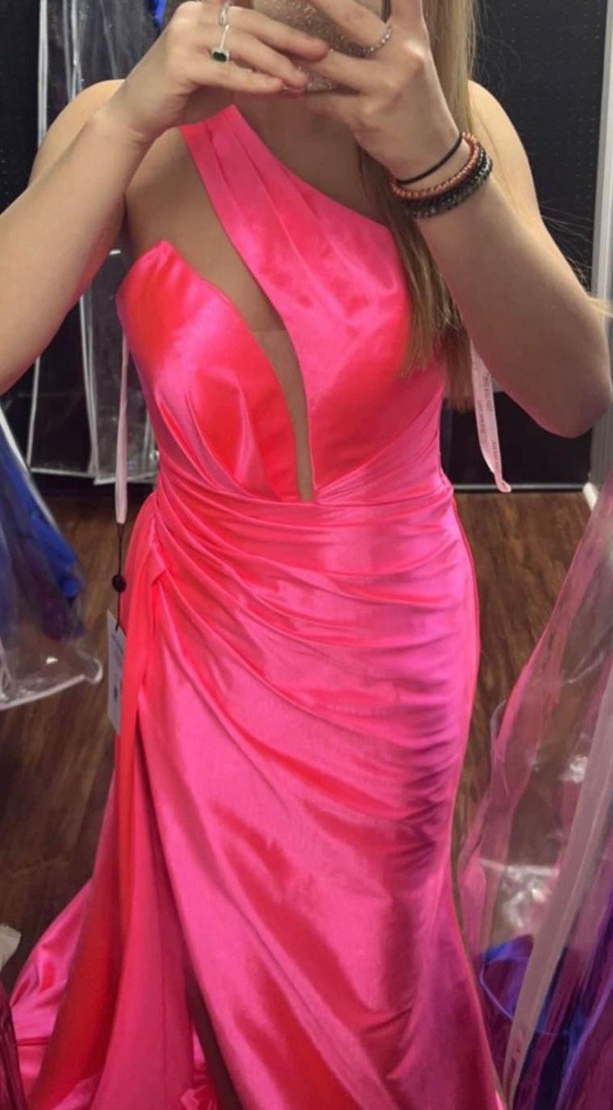 Sherri Hill Size 00 Prom One Shoulder Sheer Hot Pink Side Slit Dress on Queenly