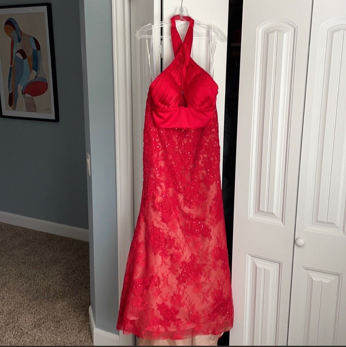 Sherri Hill Size 6 Prom Halter Lace Red Mermaid Dress on Queenly