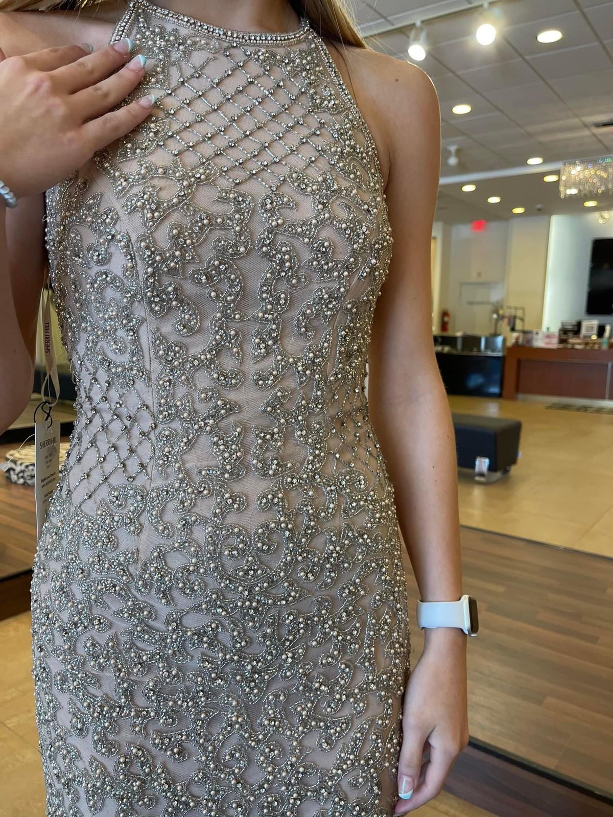 Sherri Hill Size 0 Homecoming High Neck Sequined Nude Cocktail Dress on Queenly
