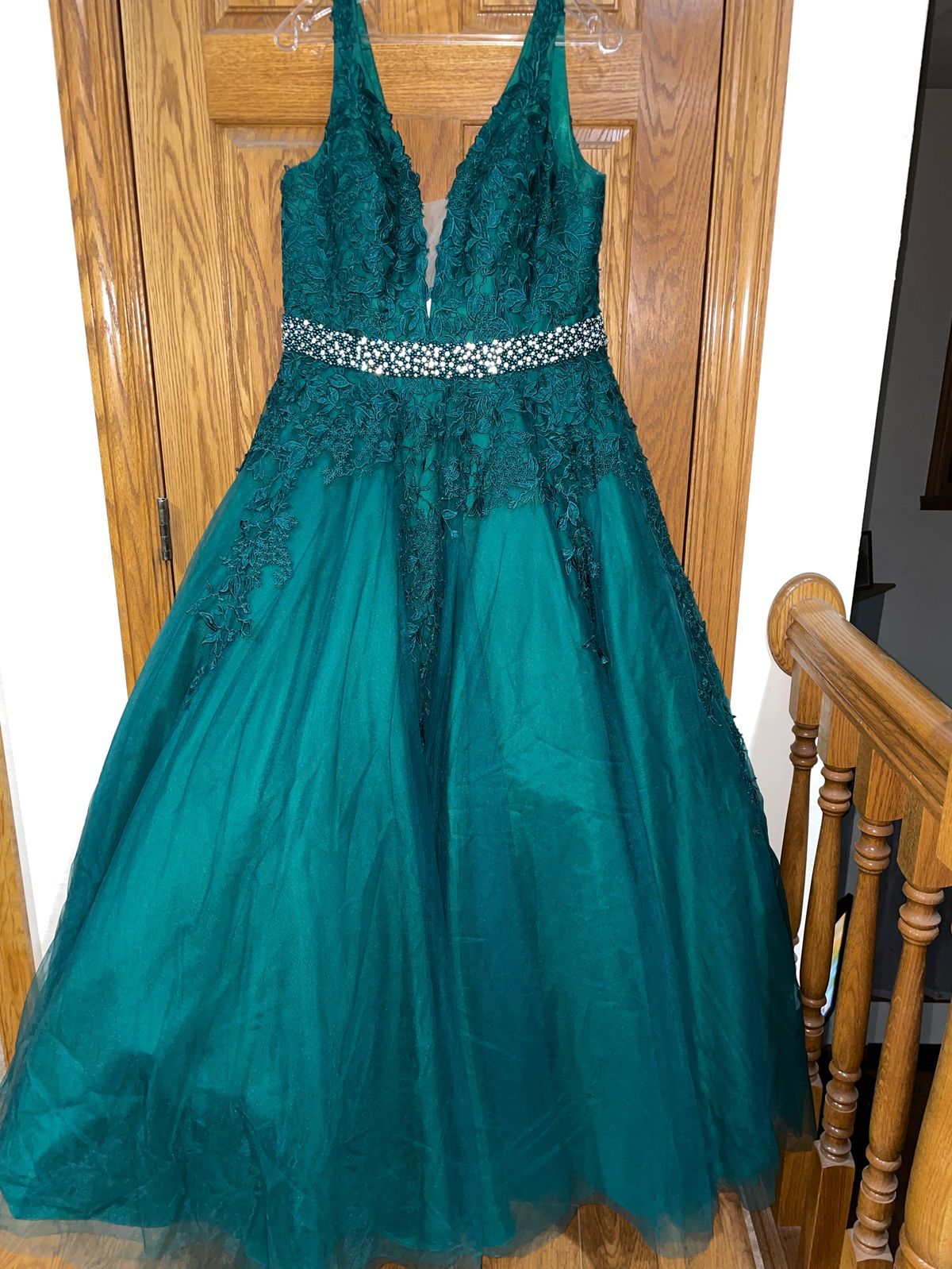 Jovani Size 14 Lace Emerald Green Ball Gown on Queenly