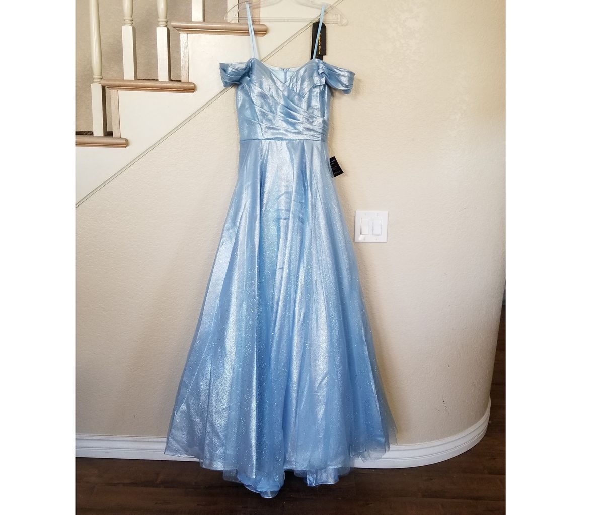 Style  Off The Shoulder Sparkle Metallic Gown Cinderella Divine Size 10 Prom Off The Shoulder Satin Light Blue Ball Gown on Queenly