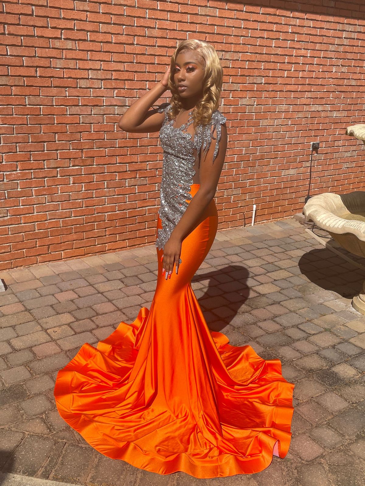 Size 4 Prom Sheer Orange Mermaid Dress on Queenly