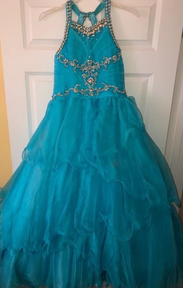 Girls Size 12 Pageant Sequined Blue Ball Gown on Queenly