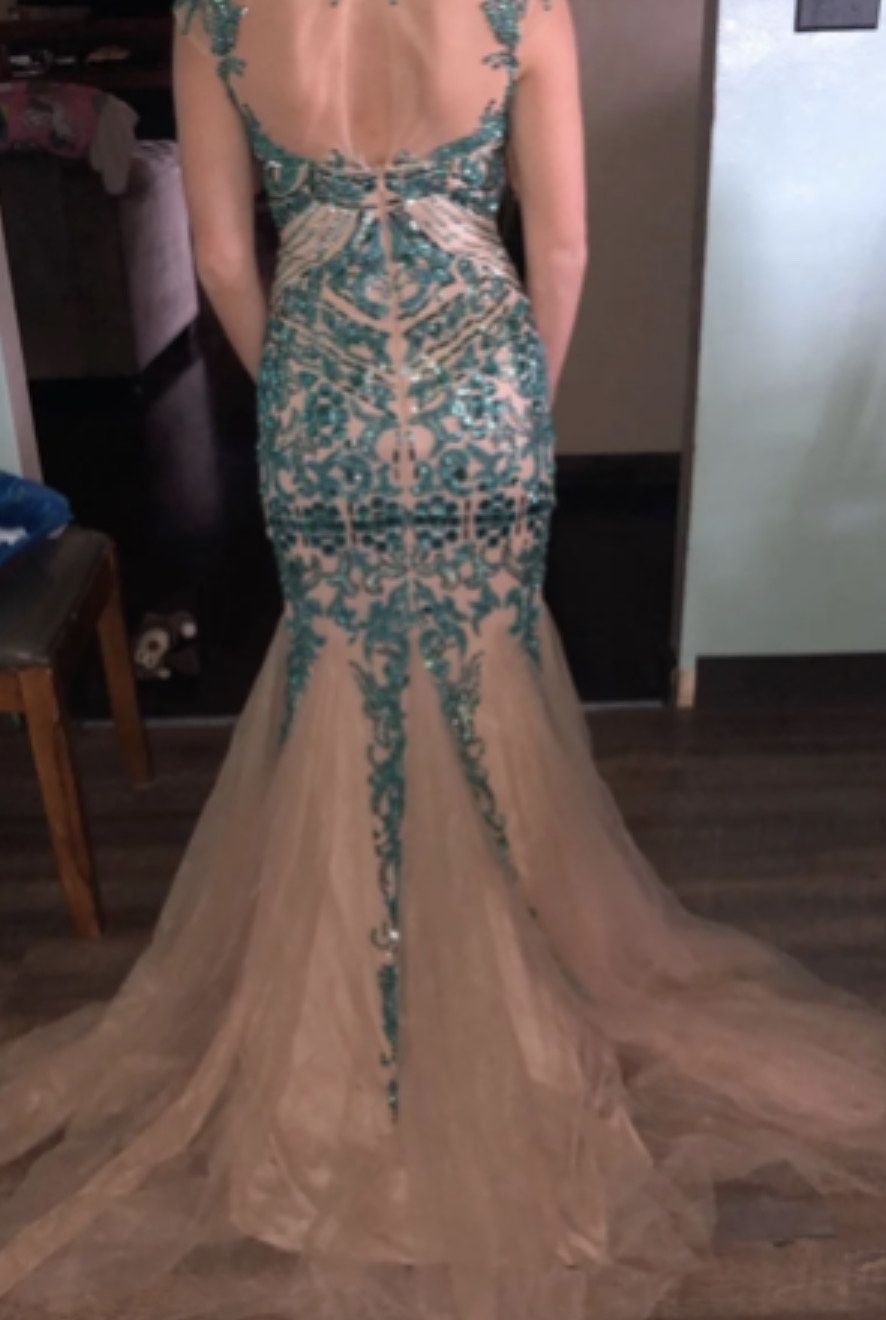 Sherri Hill Size 2 Prom High Neck Sheer Turquoise Green Mermaid Dress on Queenly