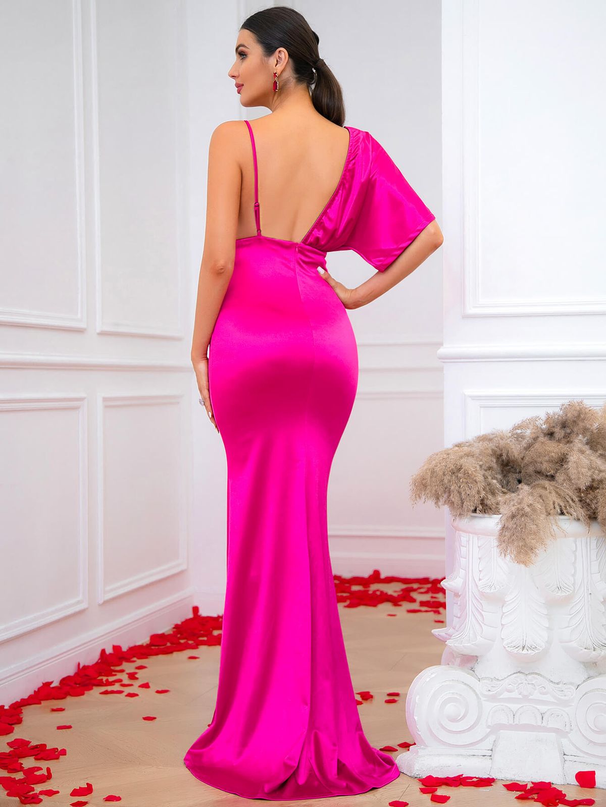 Size 8 Prom Plunge Satin Hot Pink A-line Dress on Queenly