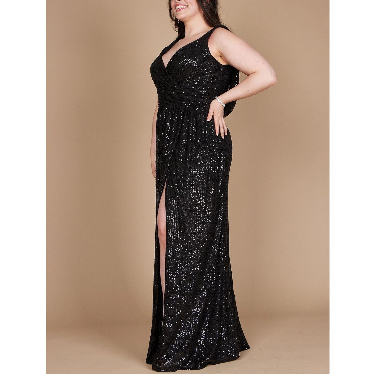 Style Sleeveless Sequined Cowl Back Gown Dylan & David Size 12 Wedding Guest Black Side Slit Dress on Queenly