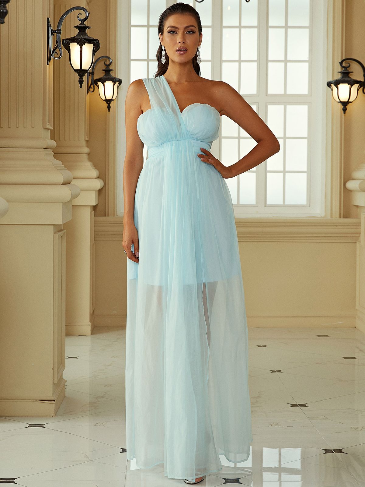 Size 6 One Shoulder Sheer Blue A-line Dress on Queenly