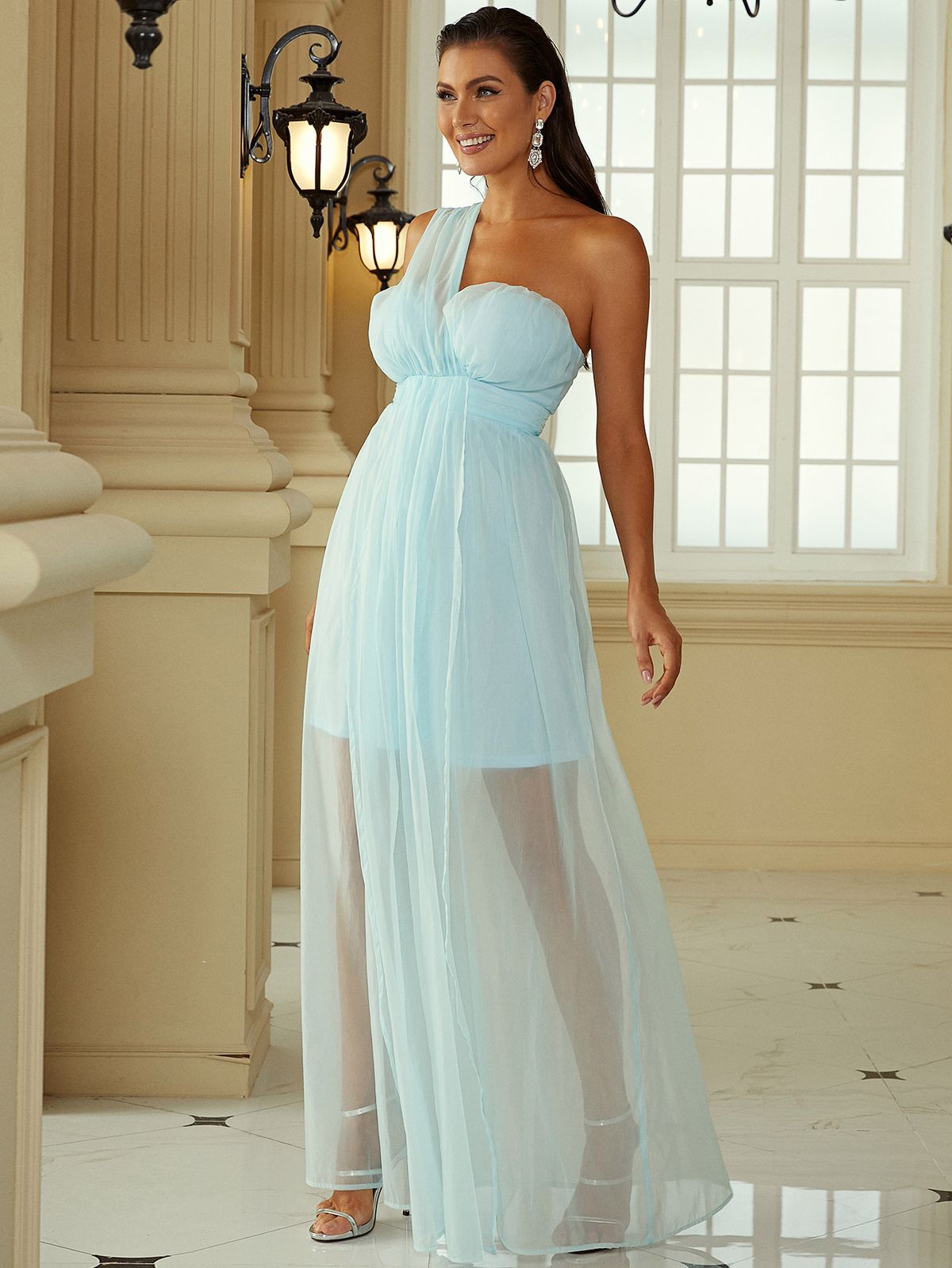 Size 6 One Shoulder Sheer Blue A-line Dress on Queenly
