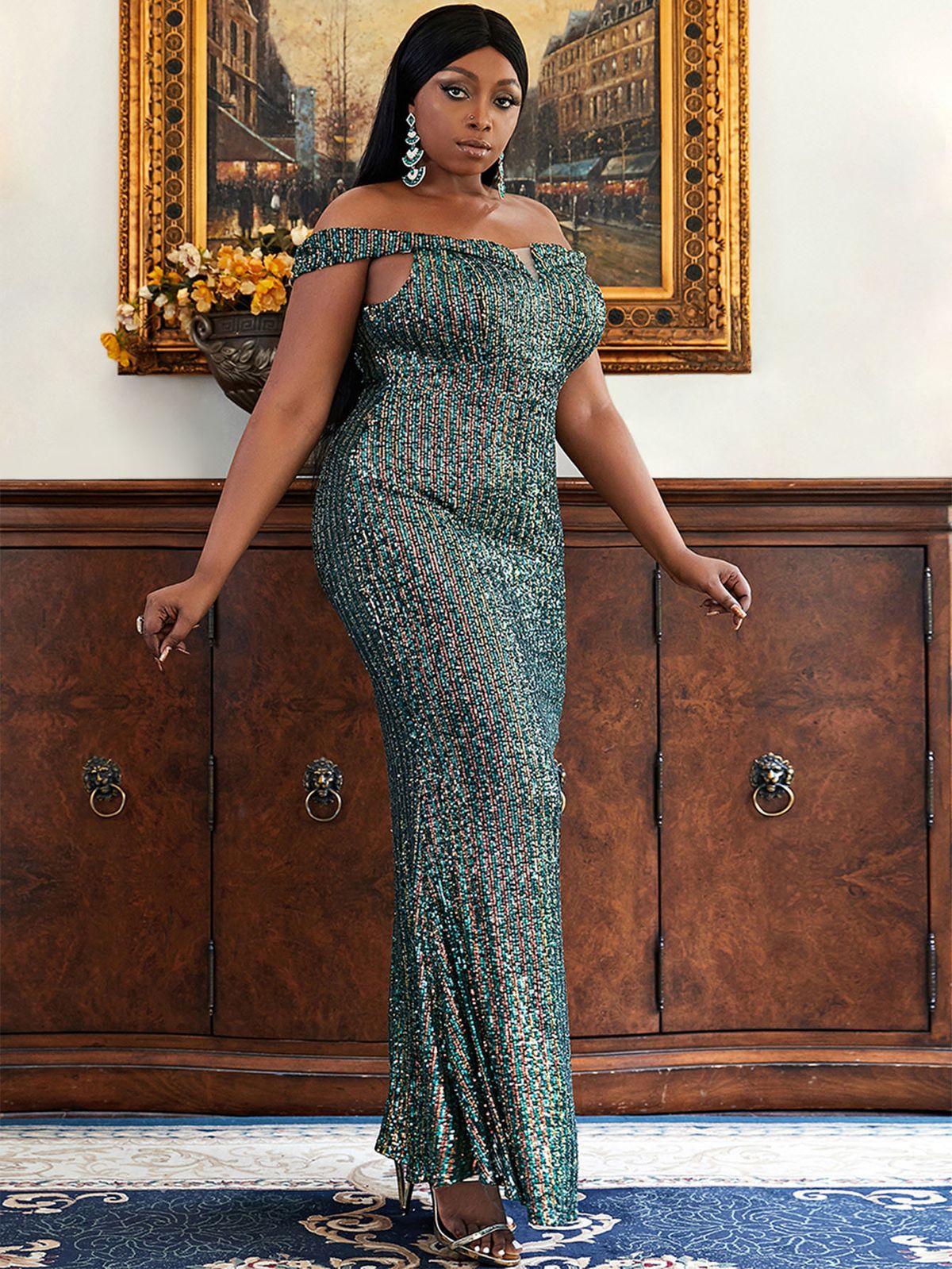 Plus Size 16 Sequined Green A-line Dress on Queenly